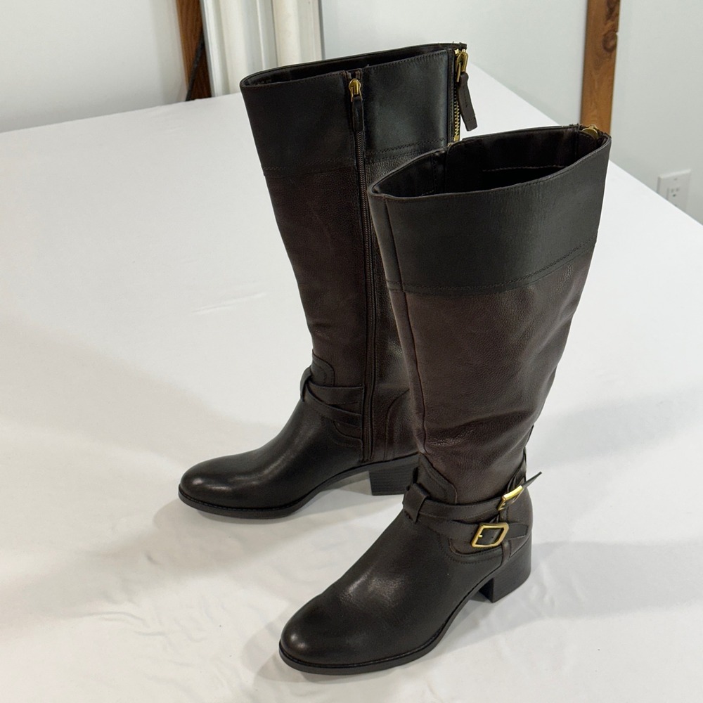 Franco Sarto L-Lapis Leather Riding Boots Womens 8M Wide Calf Brown Knee High